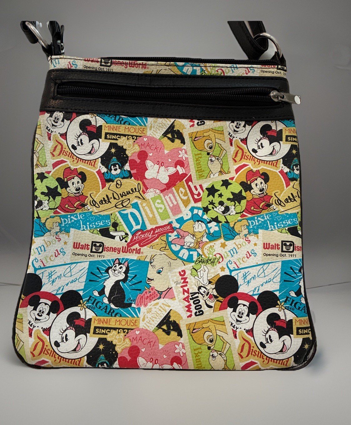 Disney Parks Collage Crossbody Bag~9.5x9”adjust. Strap~clean needs a little Love