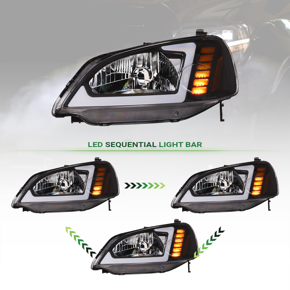 Topline For 2001-2003 Civic 2D/4D Switchback Sequential LED Strip Headlights Blk