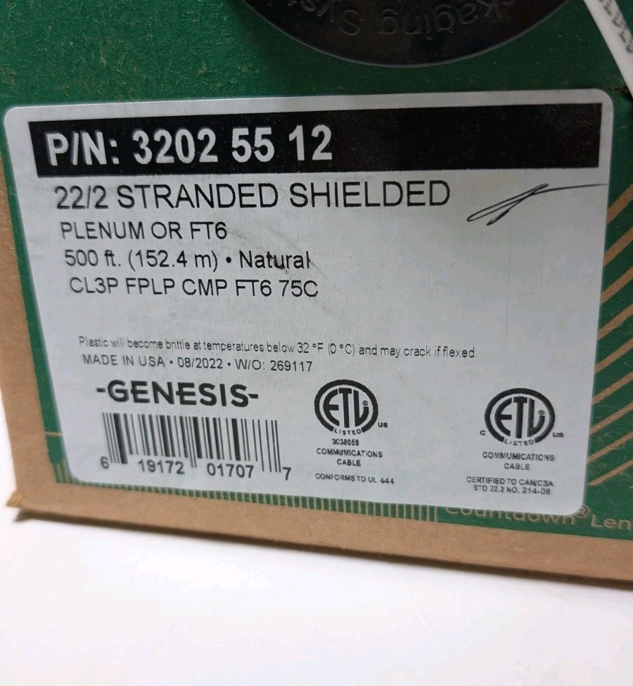 Open Box 248' Genesis 32025512 22g 2c Shielded Plenum Microphone Cable Box White