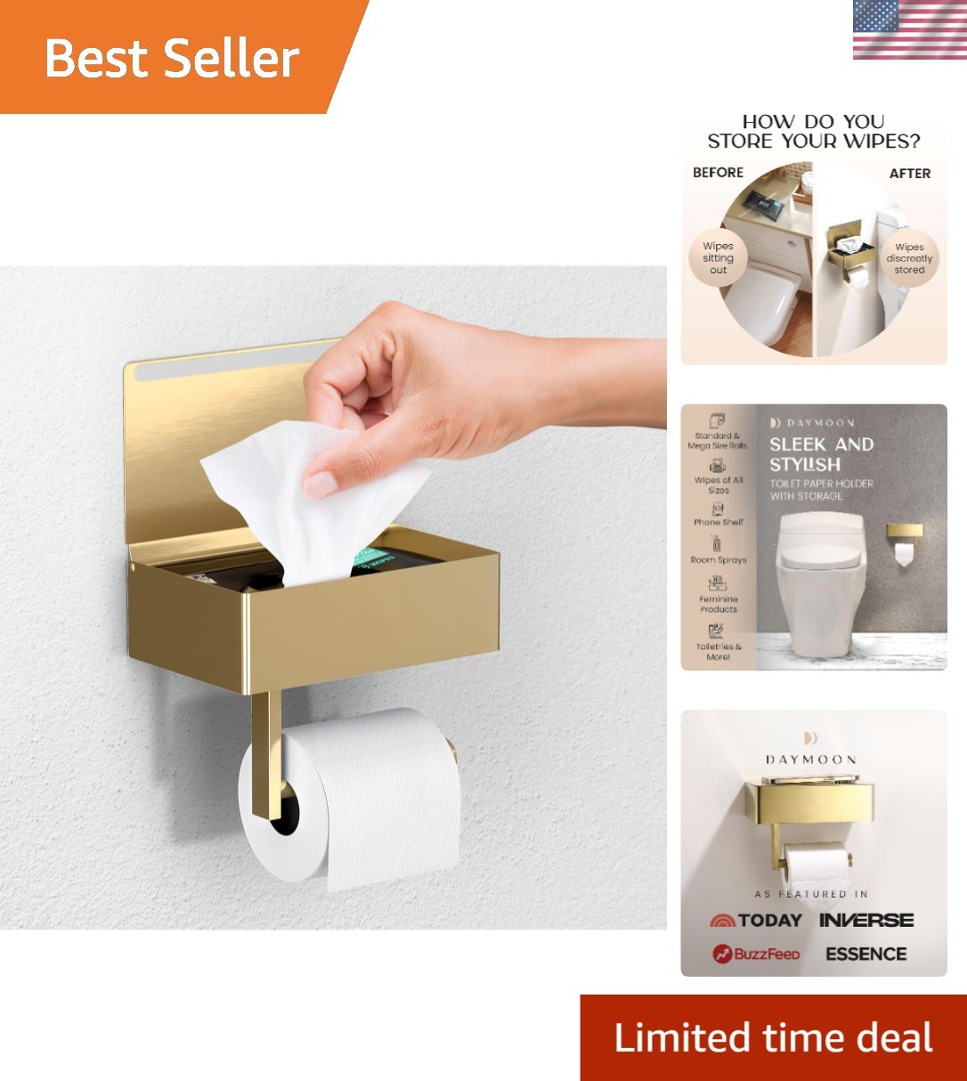 Brushed Gold Toilet Paper Holder with Shelf & Wipe Dispenser - Modern Elegance