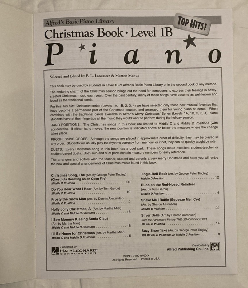 Alfred's Basic Piano Library Christmas Book Level 1B
