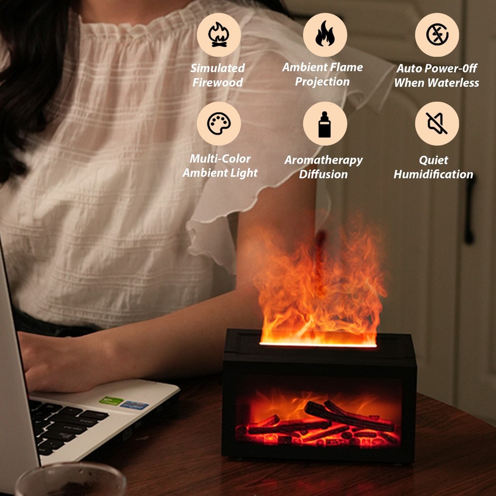 3D Fireplace Diffuser Humidifier with Realistic Flame, Aromatherapy,LED Lights