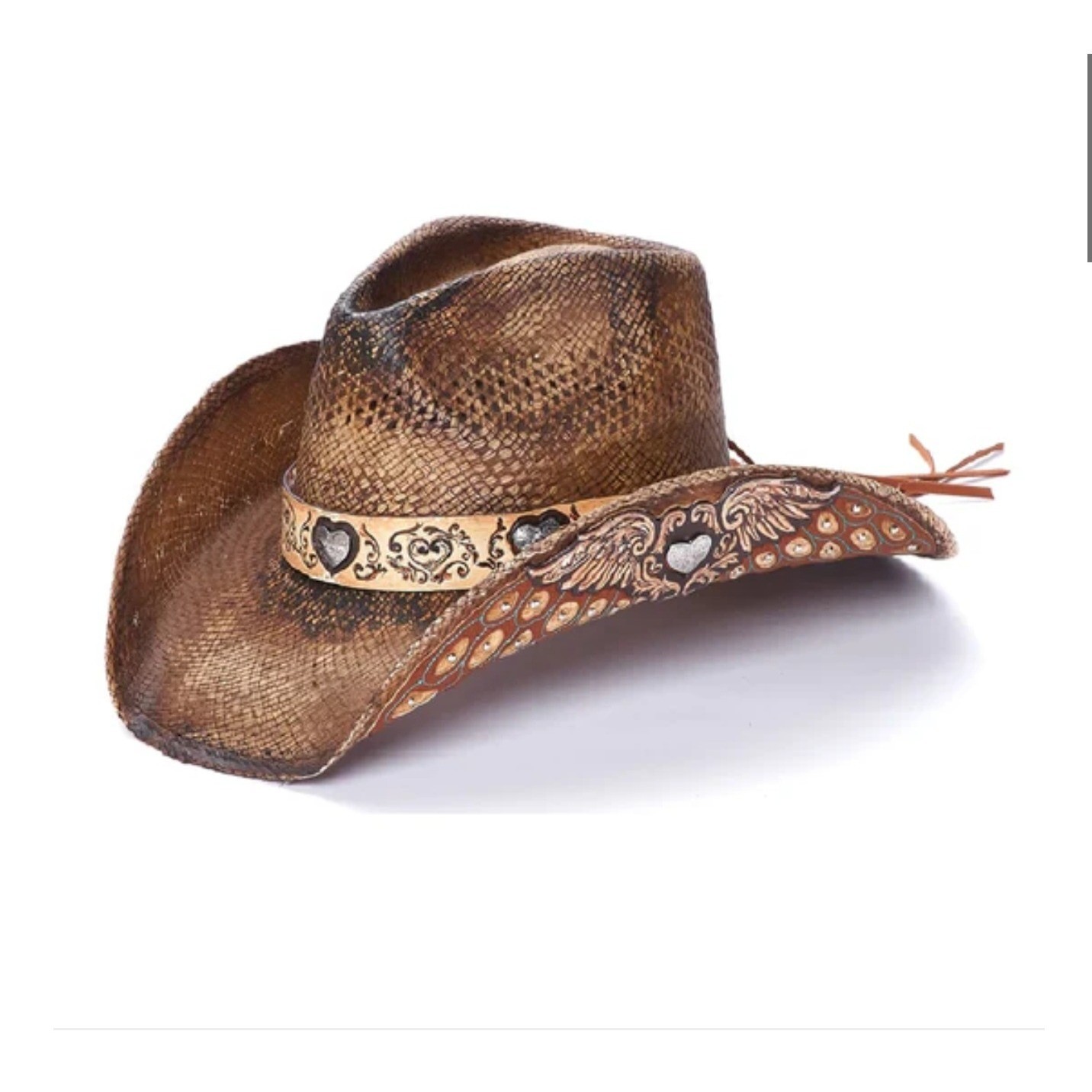 Stampede Hats Darling Cowboy Hat Tequilla Straw Size Large Brown Hearts Wings