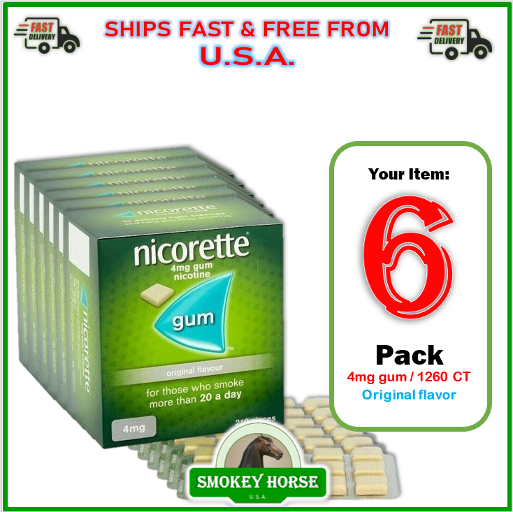 6 x Nicorette ORIGINAL Flavour Gum 4 MG 210 Pieces "USA SELLER-SHIPS SUPER FAST"