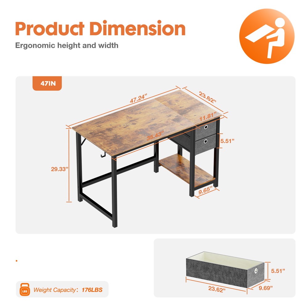 Office Study Table with Side Hook and 2 Storage Drawers - 40/47in Computer Desk