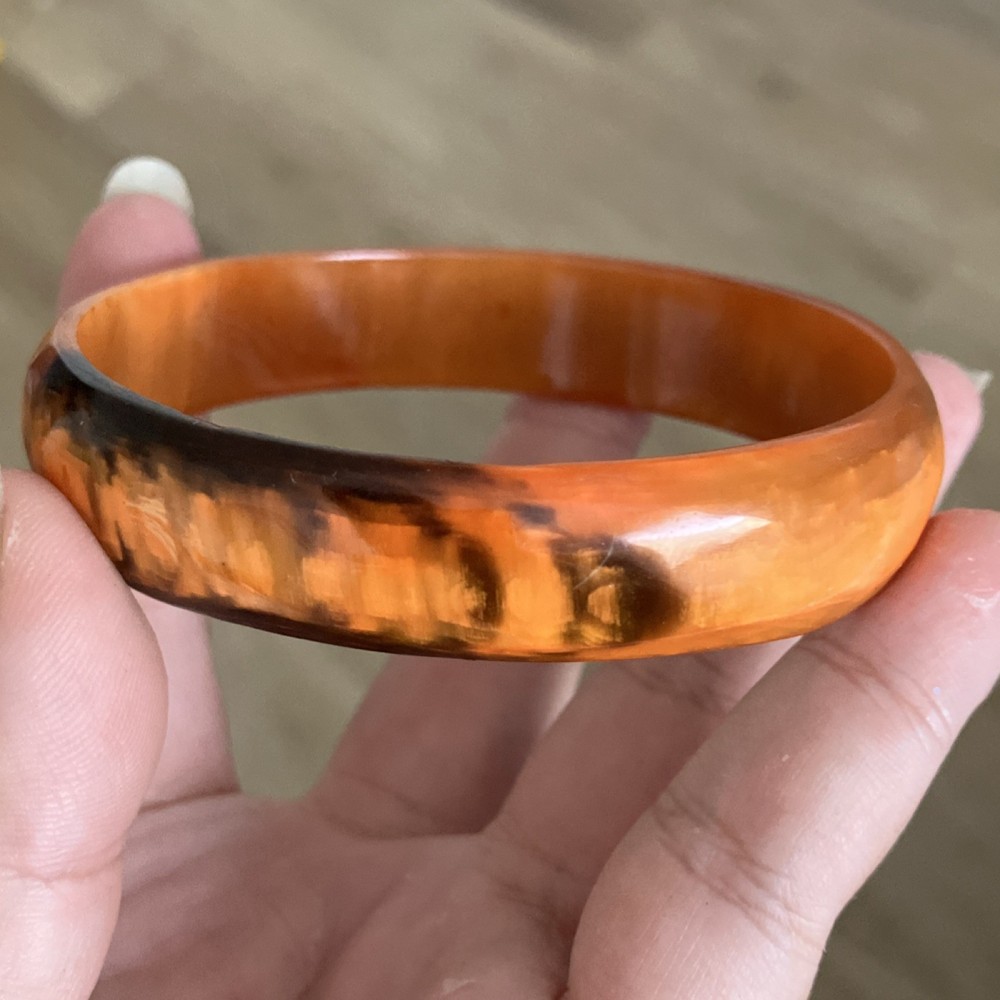 Bakelite Marbled Orange Black Bangle Bracelet Vintage