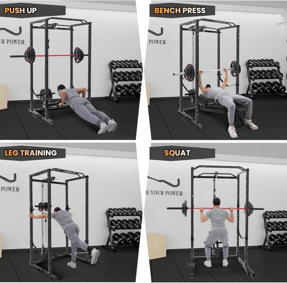 Power Cage with LAT Pulldown, Multi-Functional Power Rack with J-Hooks