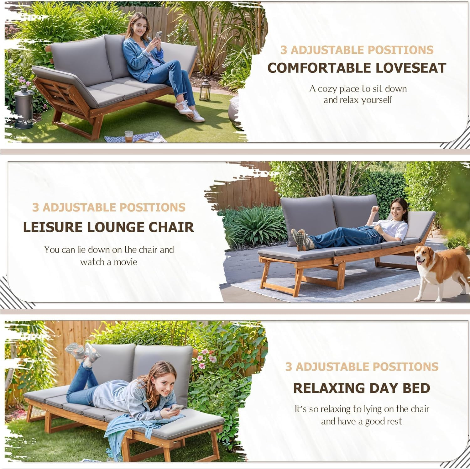 Outdoor Couch Acacia Wood Patio Couch with Adjustable Armrests, Outdoor Converti