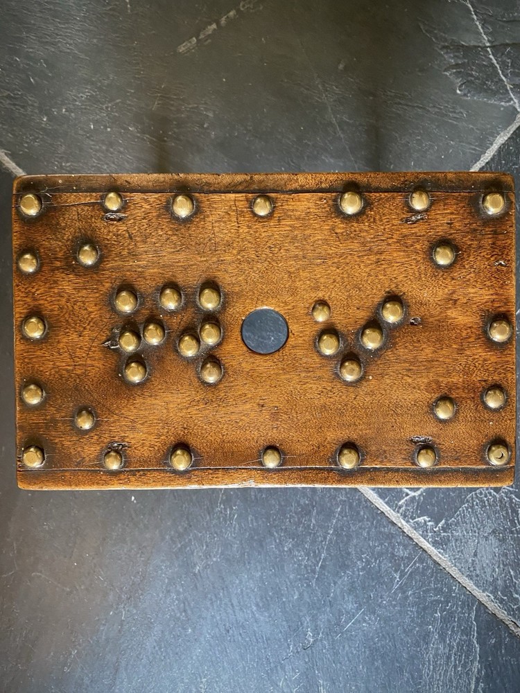 Unusual Antique 19th C. Solid Mahogany Stool With Brass Studs & Initials ‘R.V’