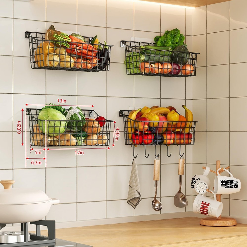 4-Pack Hanging Wall Baskets with Hooks - Pantry & Kitchen Organization Set