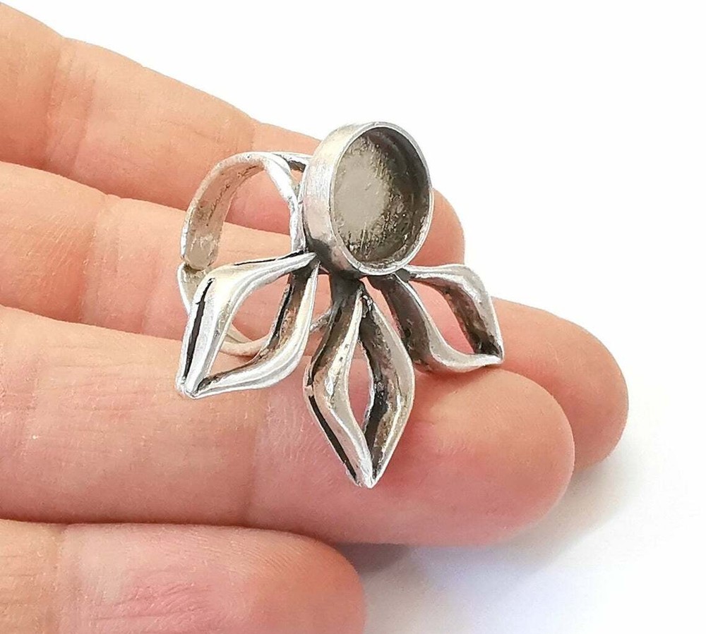 Leaf Silver Ring Blank Base Bezel Settings Cabochon Mountings Adjustable Brass