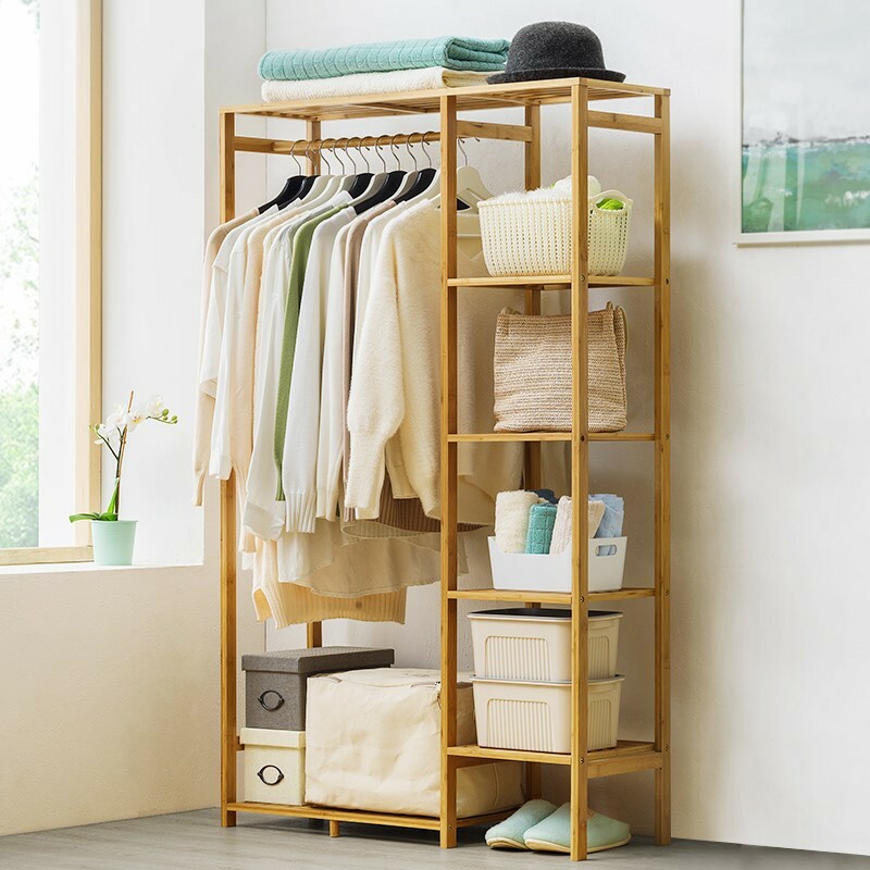 6 Tier Bamboo Garment Rack Storage Shelves Clothes Hanging Wardrobe Closet Stand