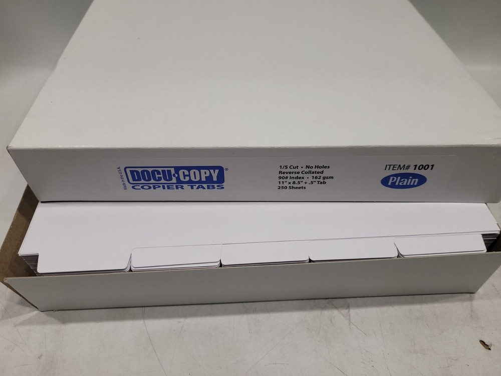 Docucopy #1001 Reverse Collated, 1/5th Cut,  Clear Trilar Copier Tabs No Hole