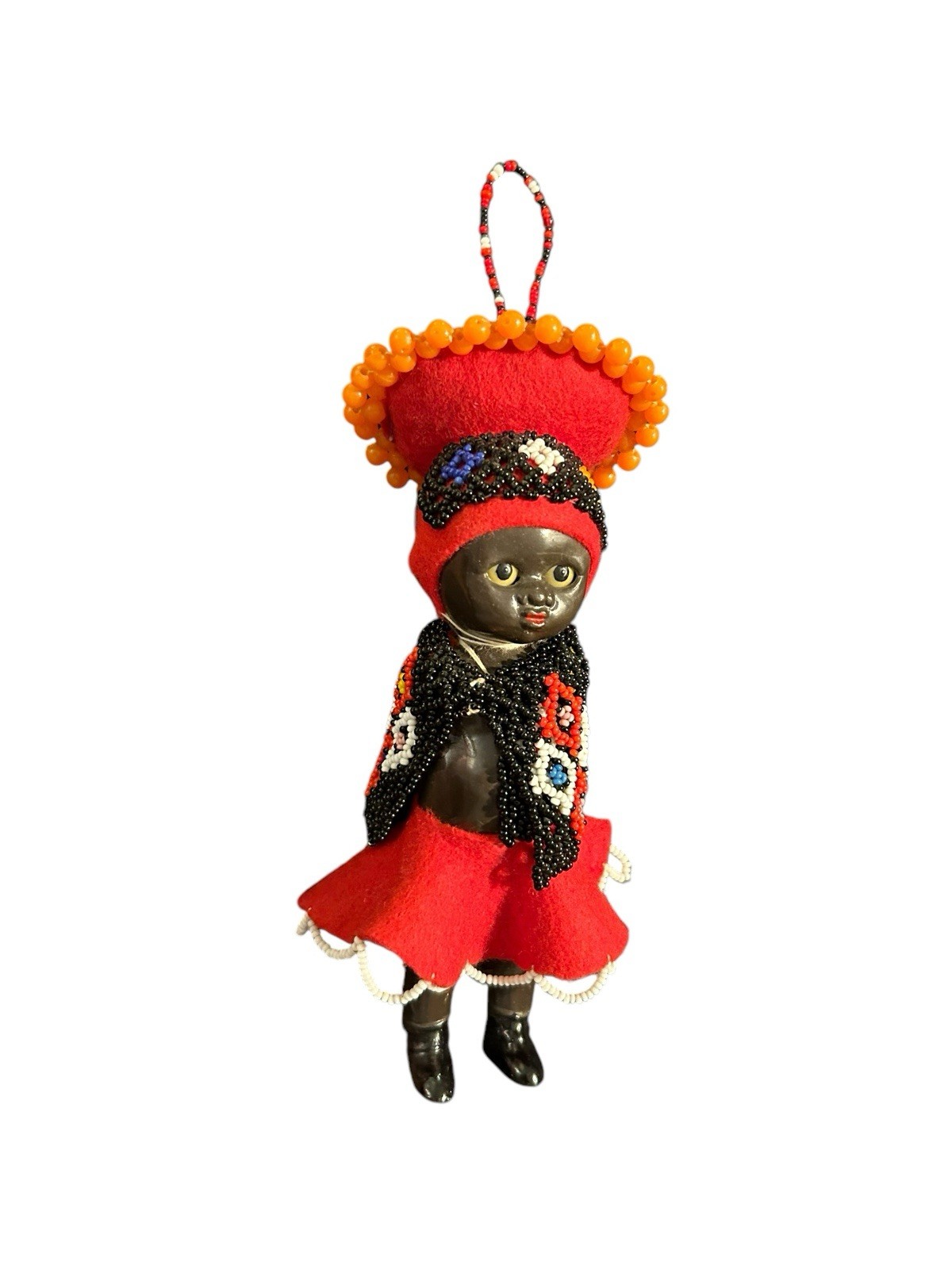 Vtg Celluloid Beaded African Tribal Doll Girl 6.5” Red Black Hanging Ornament
