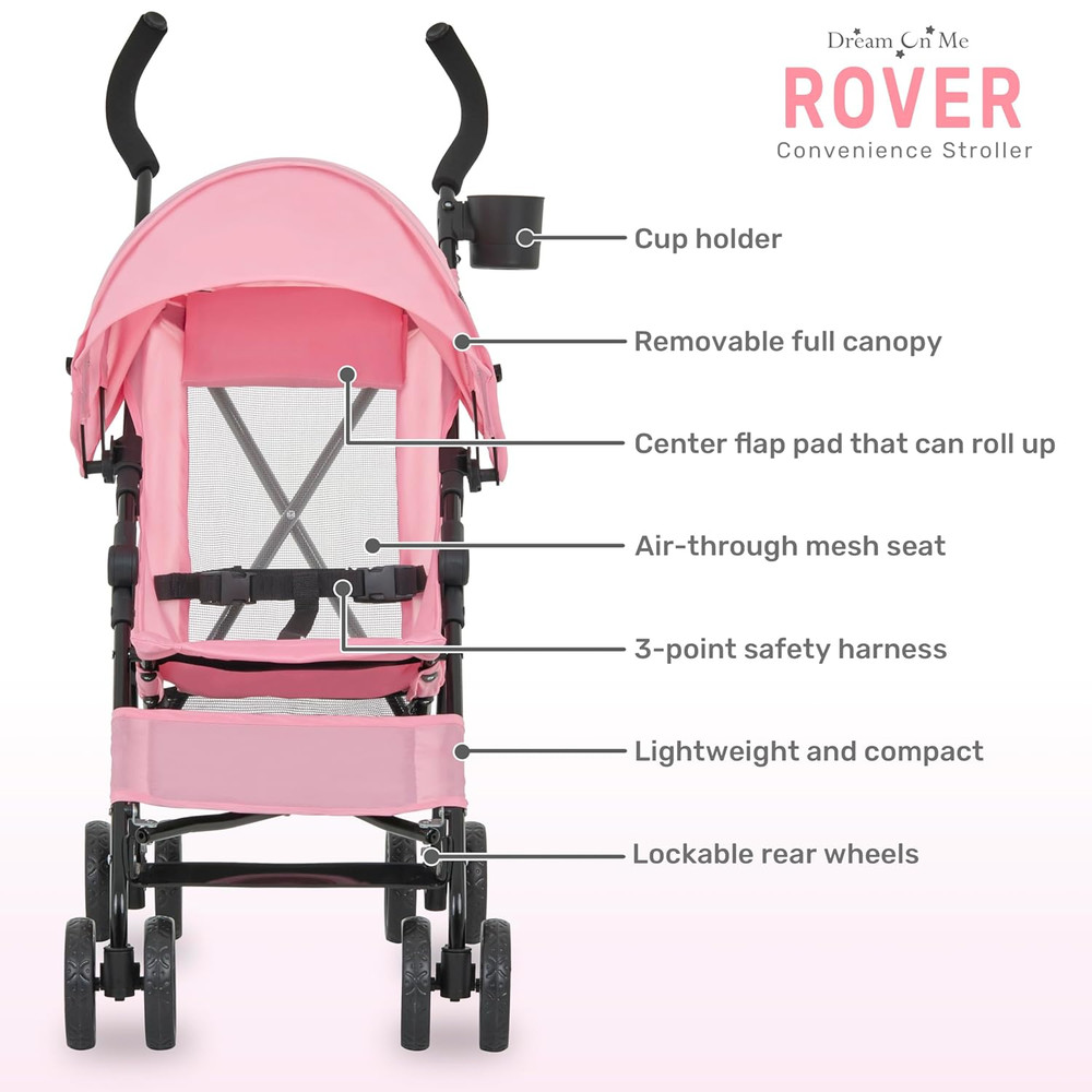Lightweight Pink Umbrella Stroller - One-Hand Fold, Adjustable Canopy & Safety H