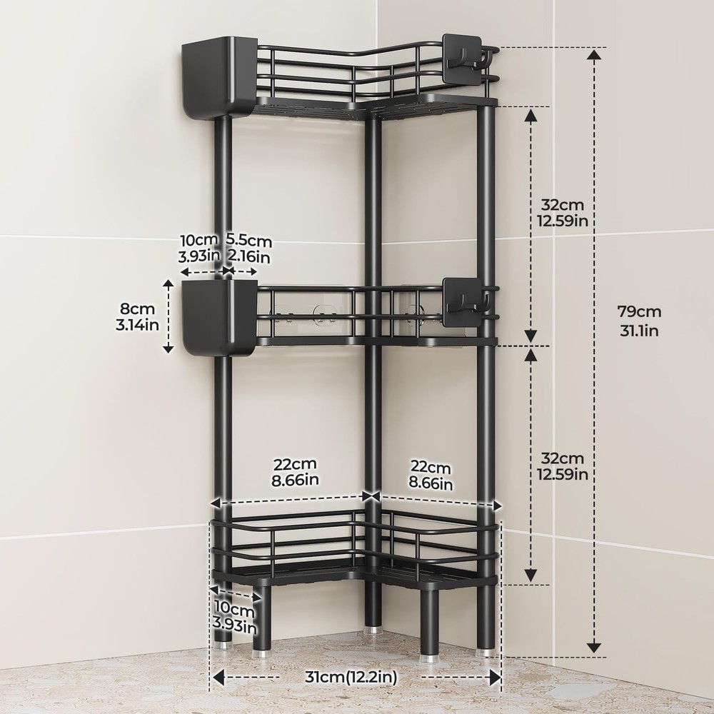 Orimade Rustproof 3 Tier Floor Standing Corner Shower Caddy Organizer with Tooth