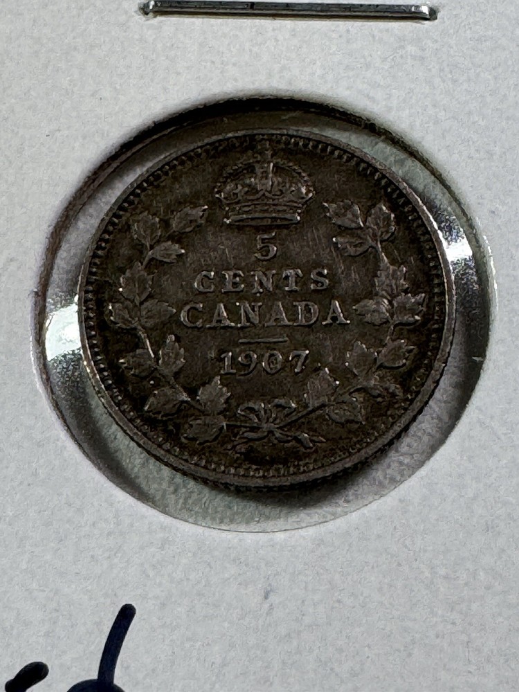 1907 Canada 5 Cents Small Silver Coin Cleaned