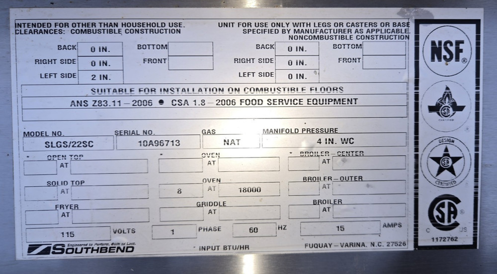 Southbend Range Oven Model SLGS/22SC Casters, Nice & easy rolling Condition!!