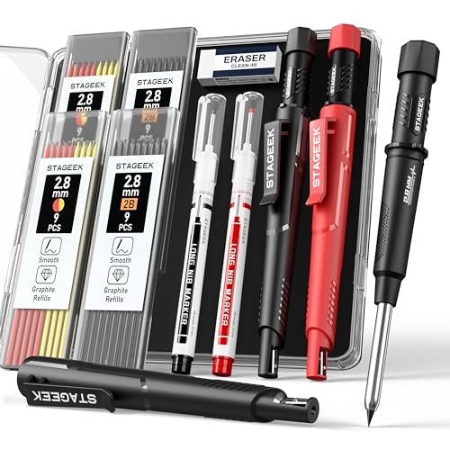 2 Pack Carpenter Pencils with Sharpener, Mechanical Carpenter Pencils Red/Black