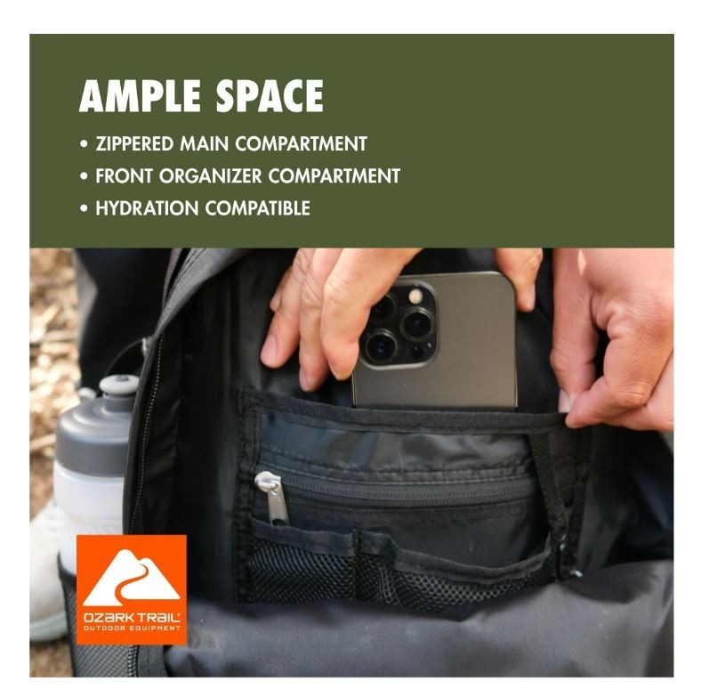 Ozark Trail Hiker Backpack 25 Liter, Black, Polyester, Adult, Teen