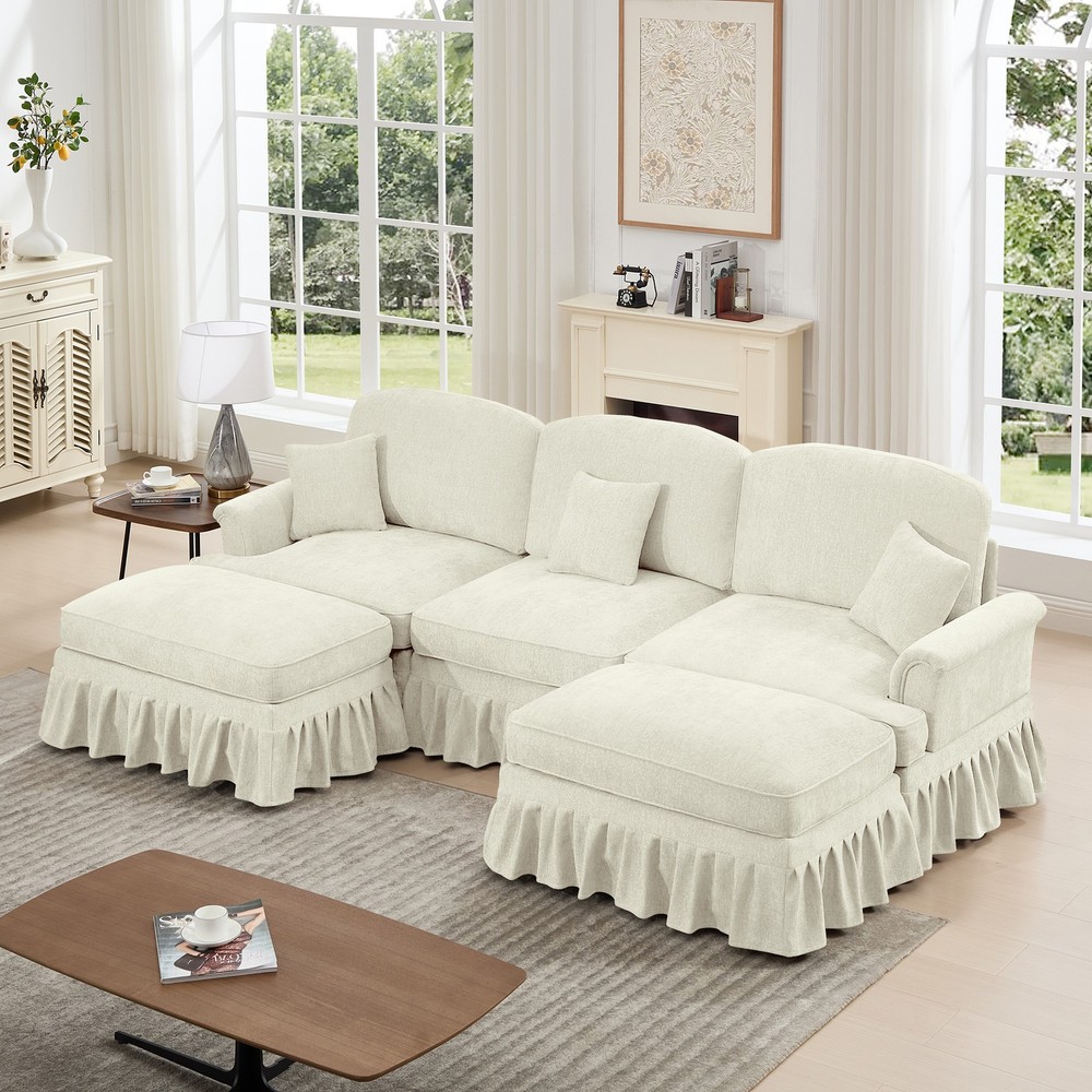 U-Shape Sectional Sofa w/ Removable Skirts, Flared Arms & Ottomans - Beige