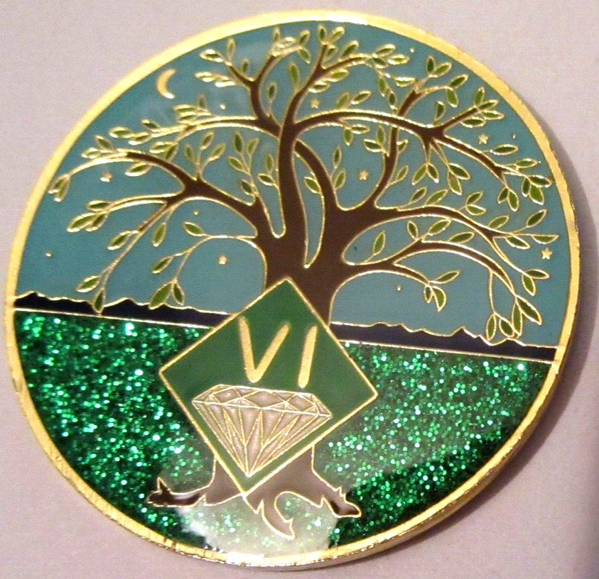 Narcotics Anonymous NA Tree Green 6 Year Medallion Gold
