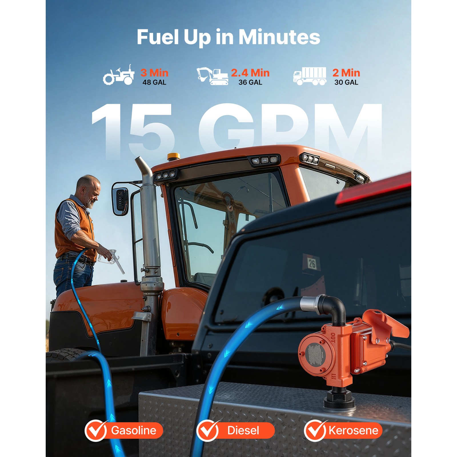 12V DC Fuel Transfer Pump,15 GPM Diesel and Gasoline Pump with Manual Nozzl