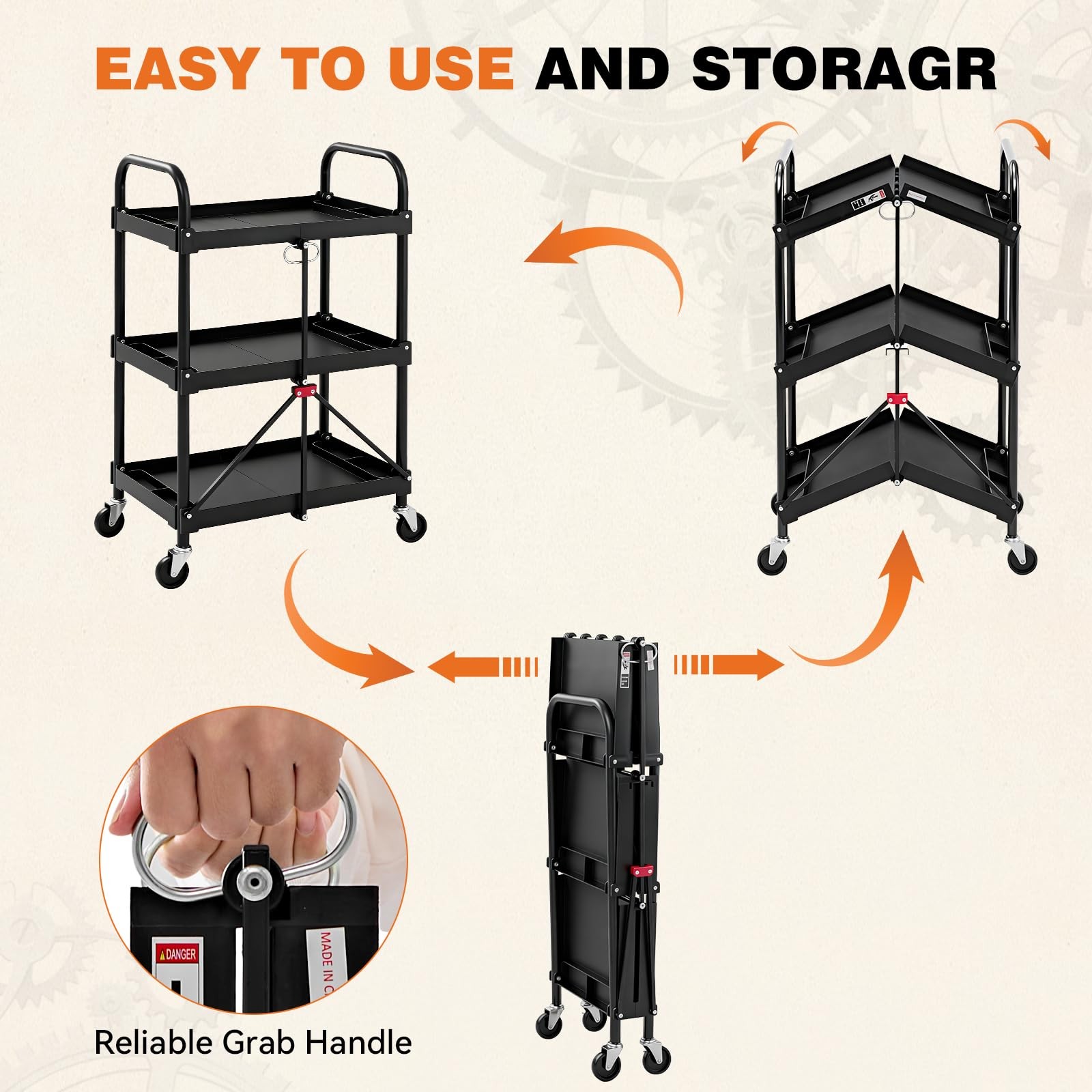 3-Tier Folding Utility Cart, Collapsible Service Cart with 4 Swivel Wheels & ...
