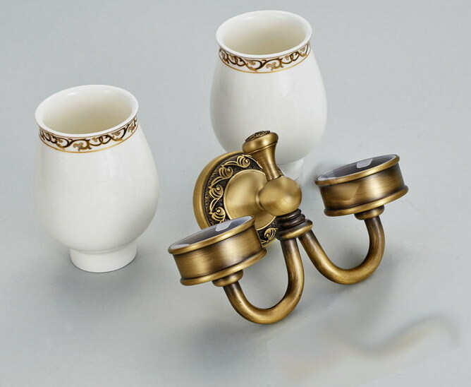 Bathroom Wall Mounted Antique Brass 2 Ceramic Cups Toothbrush Holder 2ba495