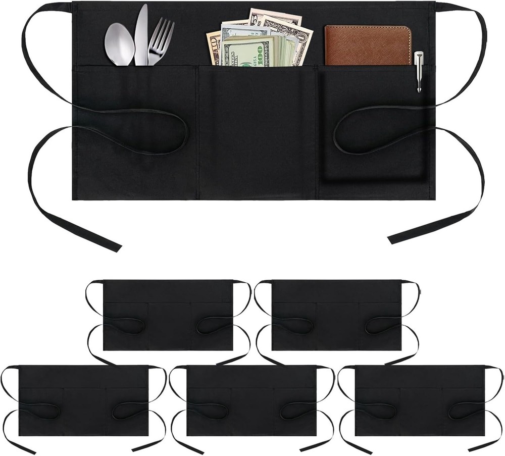 Professional Server Aprons - 6 Pack with Long Straps & 3 Pockets for Convenience