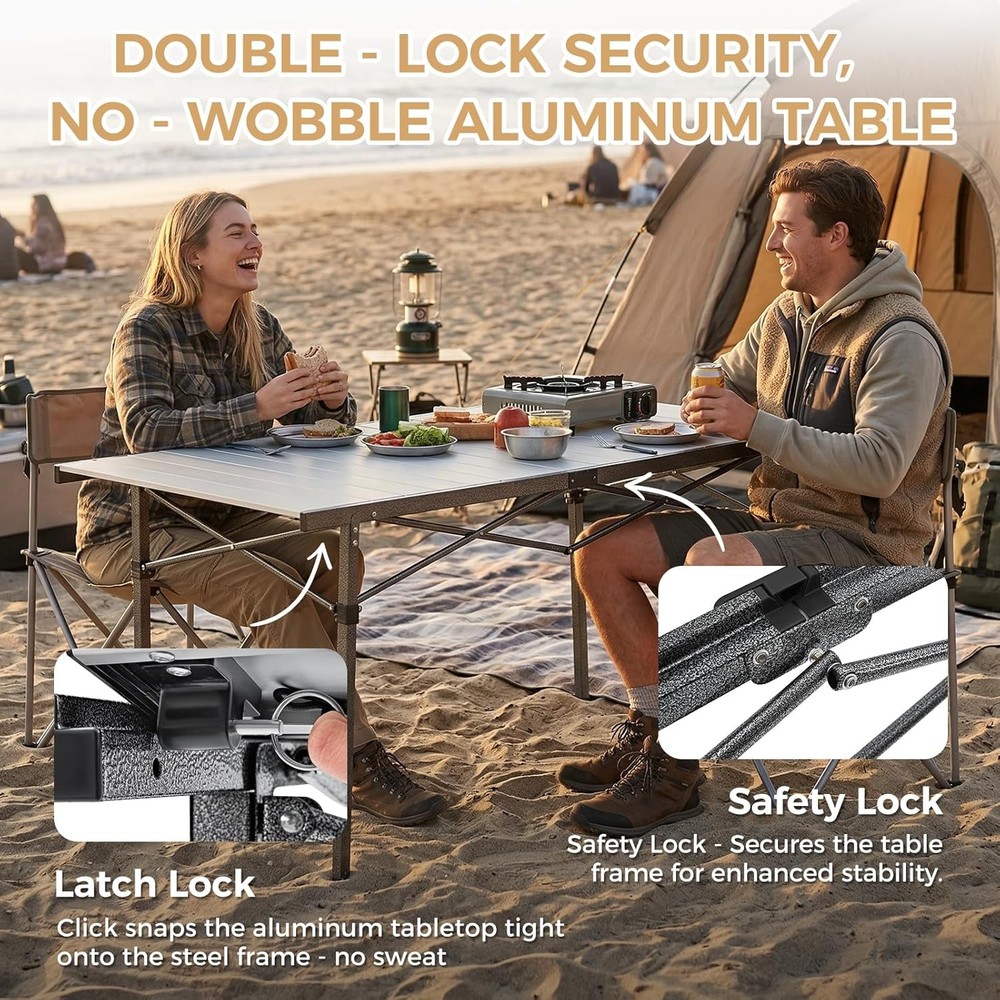 Aluminum Camping Table Foldable Large 53.5" Roll Up Camp Table Folding Seamless