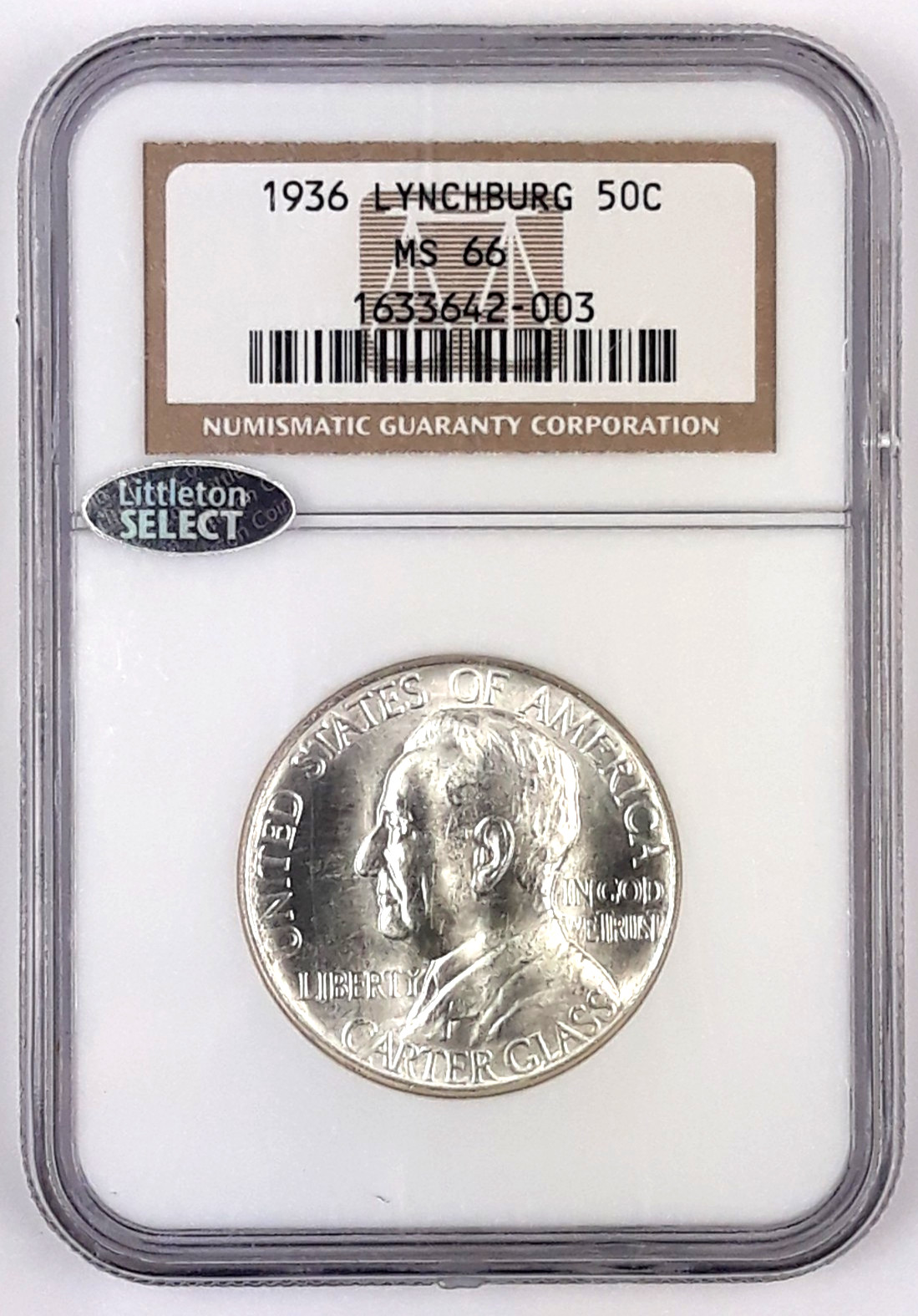 1936 Lynchburg Commemorative 90% Silver Half Dollar ~ NGC ~ MS66    (642)