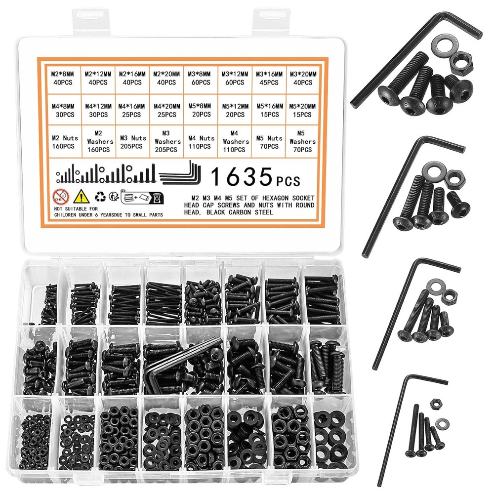 M2 M3 M4 M5 M6 Hex Socket Button Head Cap Screws & Nuts & Washers Assortment Kit