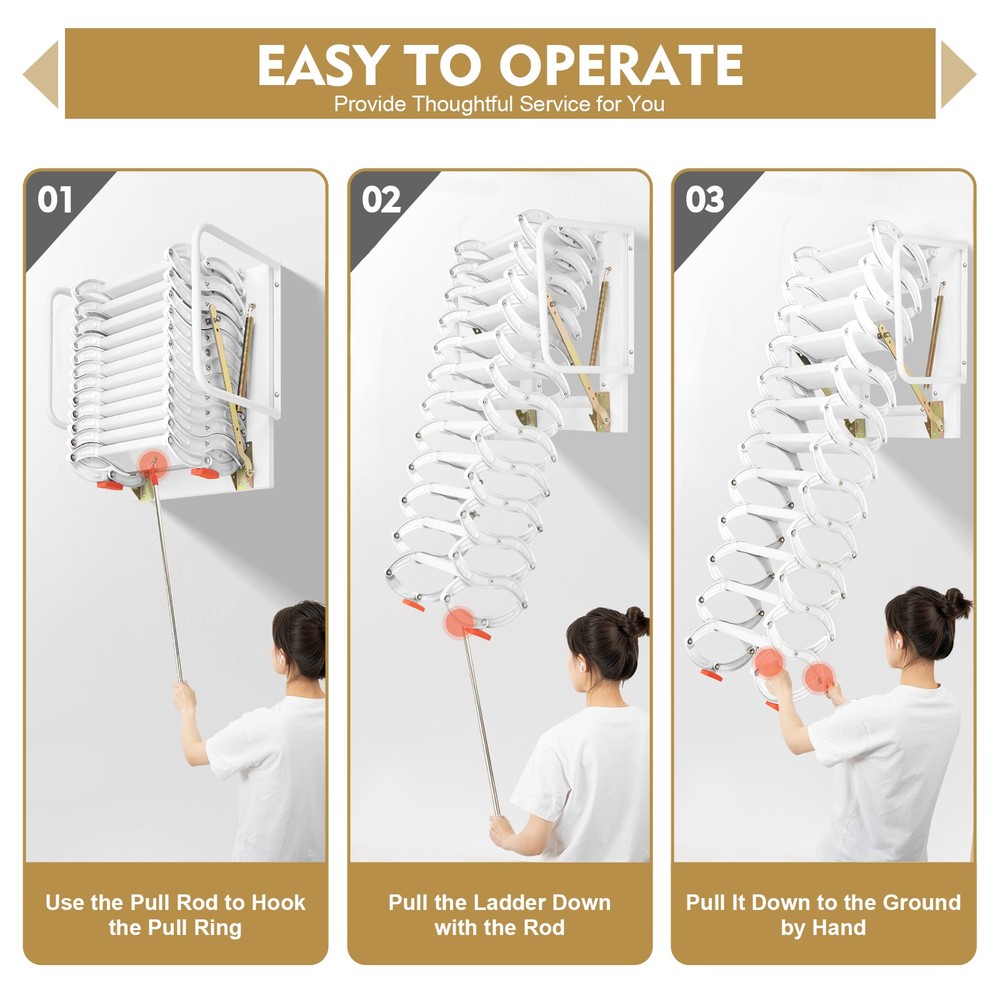 12 Step Wall Mounted Telescoping Loft Ladder Pull Down Folding Attic Stairs