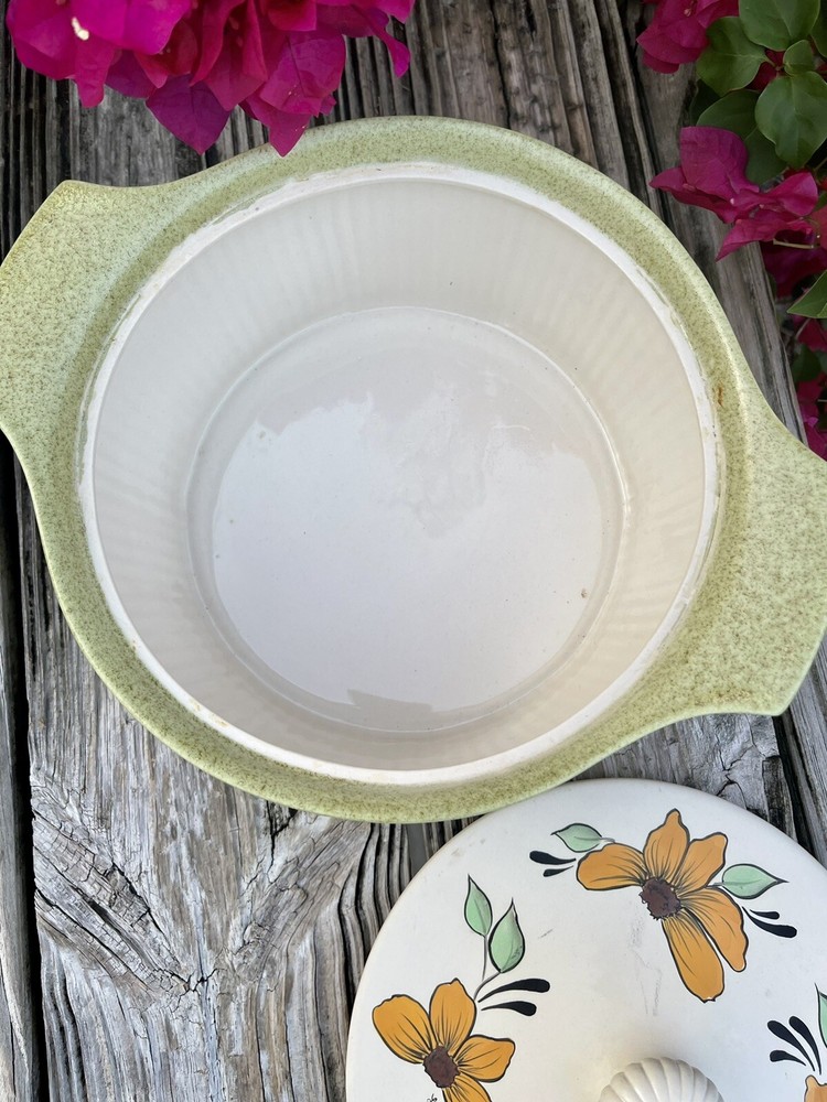 Casserole Dish Oven Safe Signed Hand Painted Lid Floral Solid Lt. Green Bottom