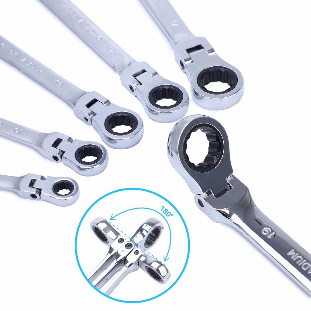 6Pc Extra Long Ratcheting Wrench Spanner Set Double Box End Flex-Head SAE Metric