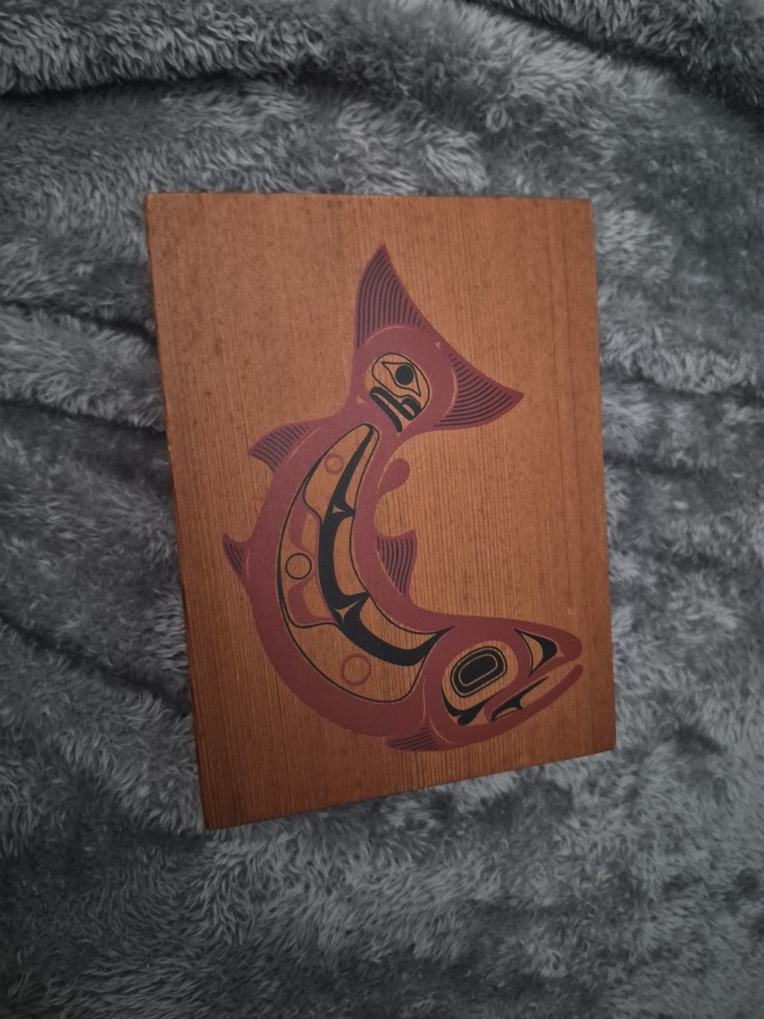 Upper Tribe Skagit SALMON Wooden Trinket Box w Lid P Dunthorne 1988