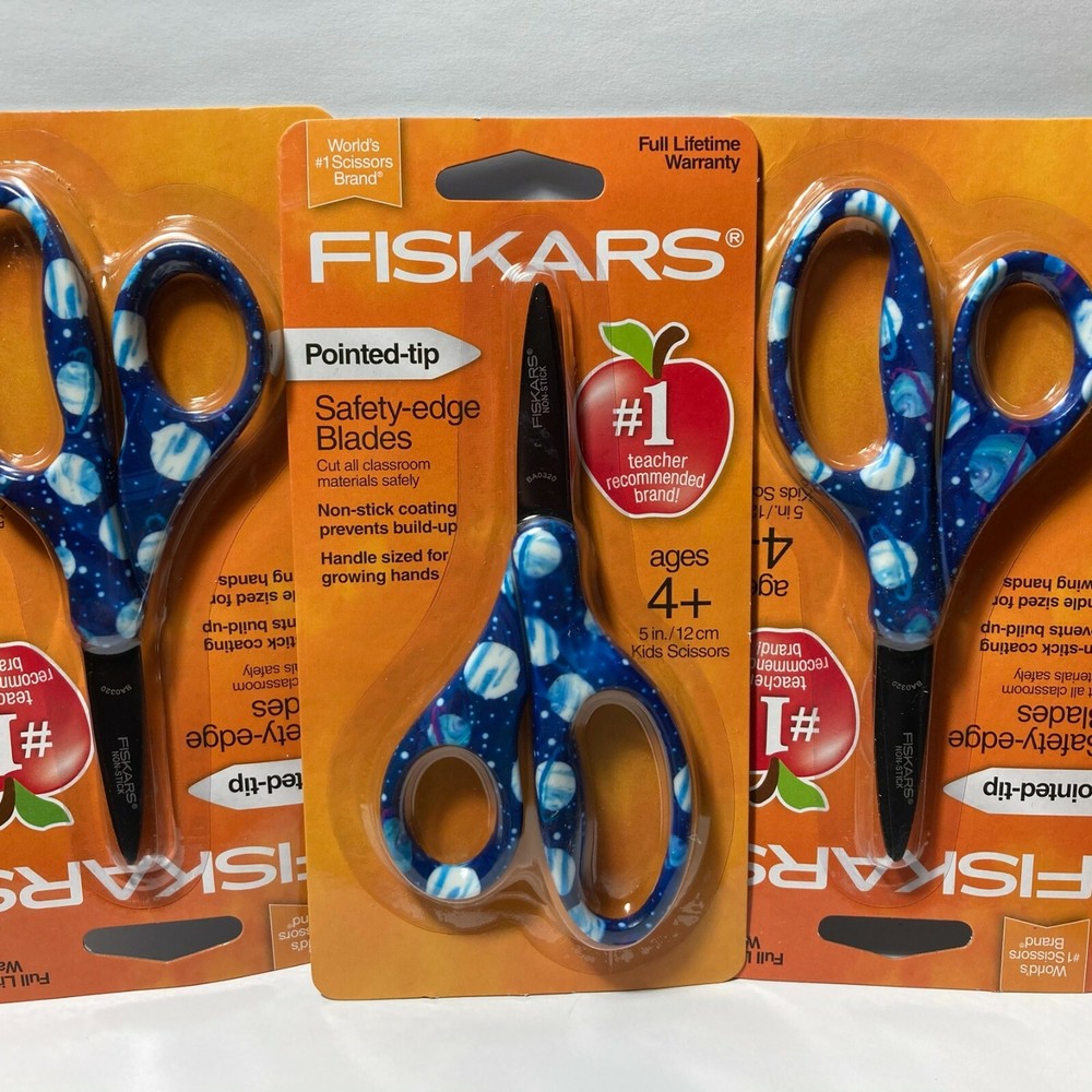 Fiskars Scissors 3 Pairs Pointed Tip Blue Space Planets Non Stick Coating 5"