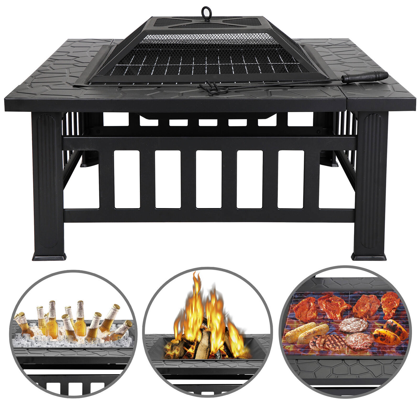 32" Fire Pit Square Metal Firepit Backyard Patio Garden Stove W/Cover Outdoor