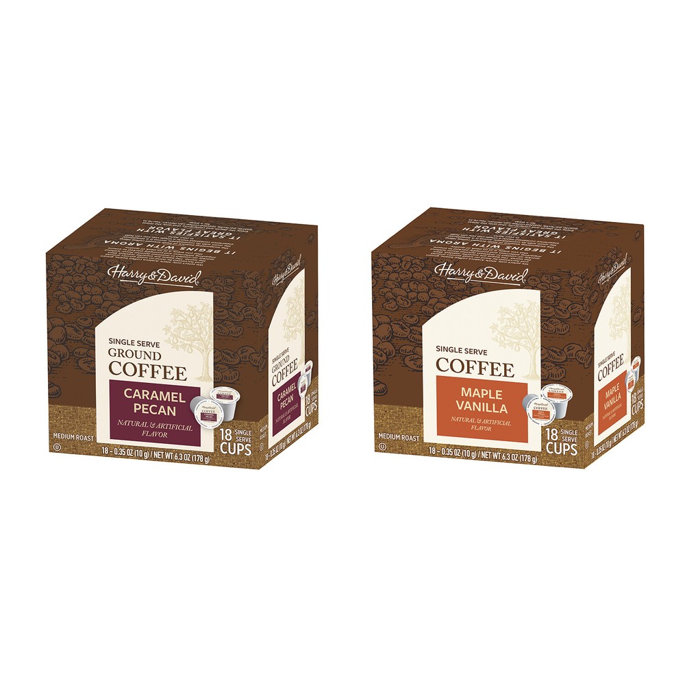 Harry & David Coffee Combo, Caramel Pecan, Maple Vanilla 2/18 ct boxes