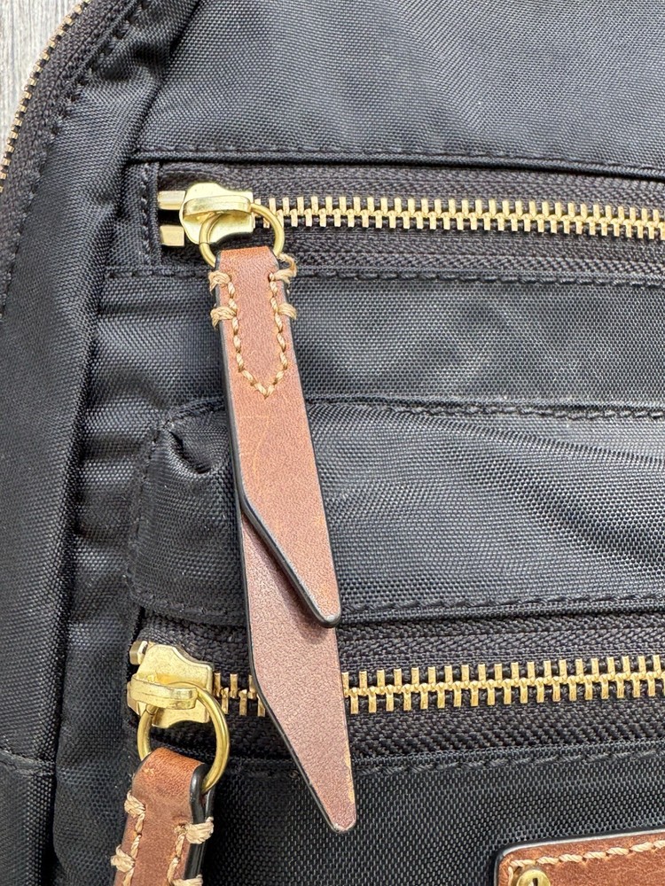FRYE Ivy Nylon Backpack Black with Brown Leather Trim EUC!