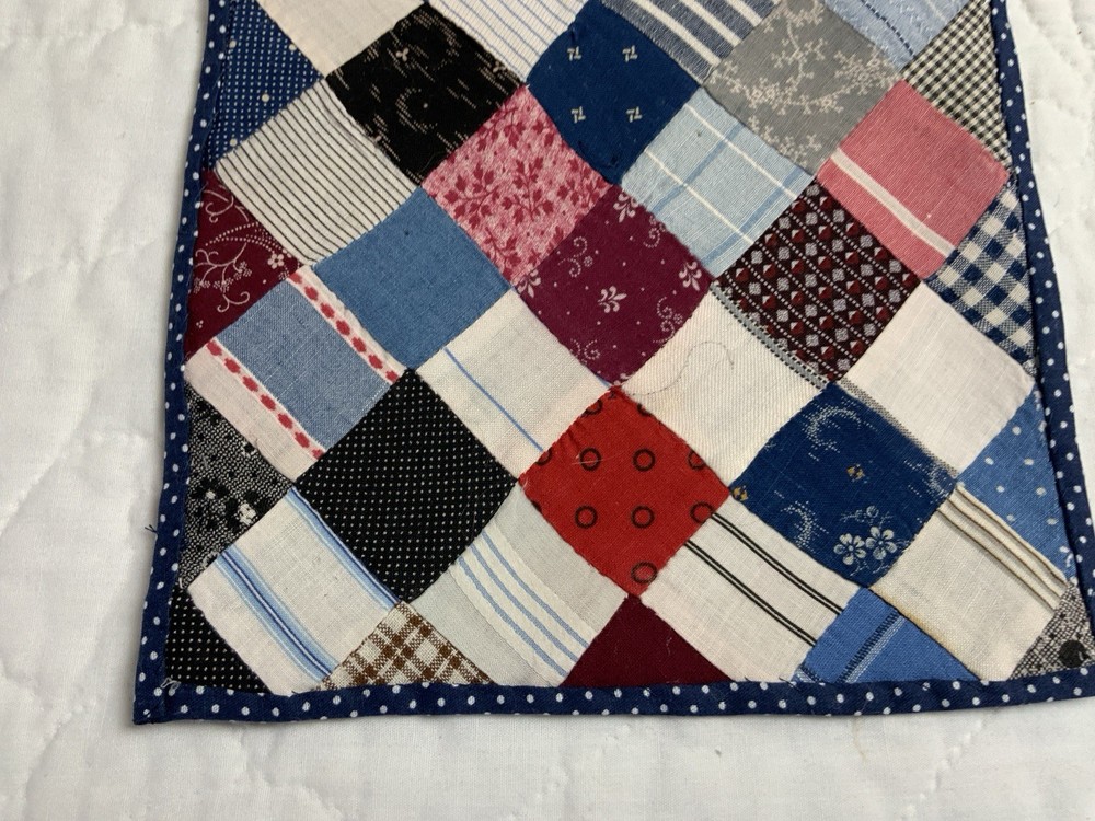 Vintage Patchwork Quilt Table Topper, Four Patch, Early Calico Prints, Blue, Red