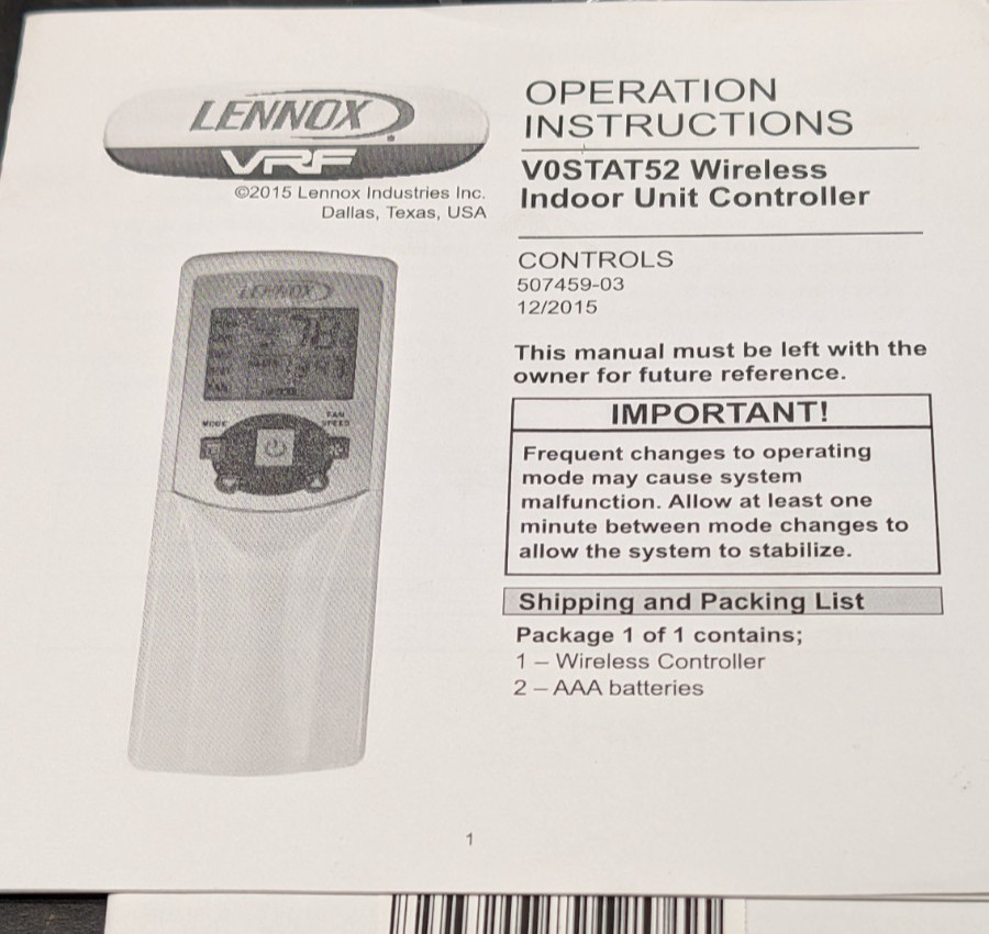 Lennox VRF VOSTAT52P-1 Wireless Indoor Unit Controller