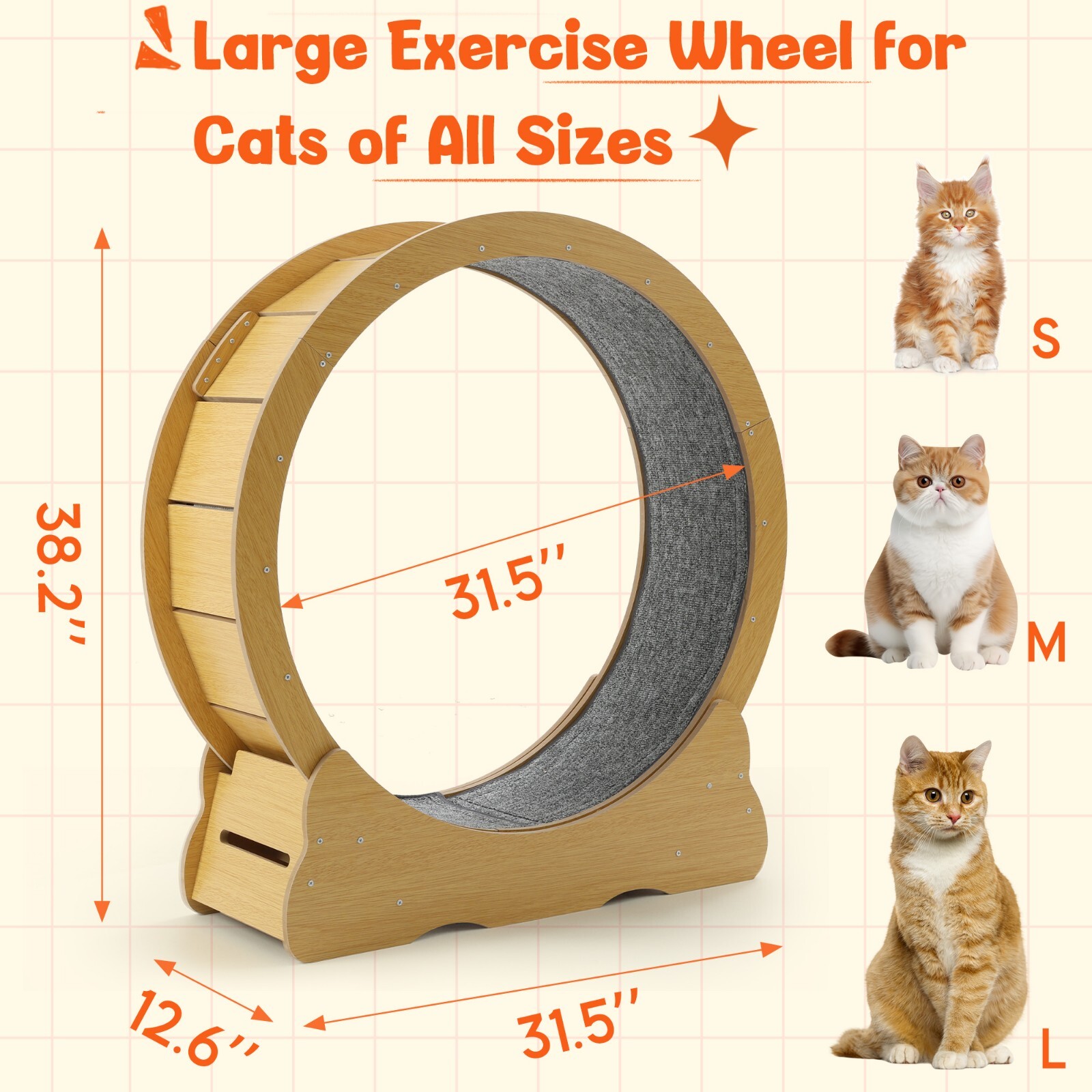 Large 46'' Wooden Cat Exercise Wheel Cat Treadmill Cat Running Wheel Silent Toy