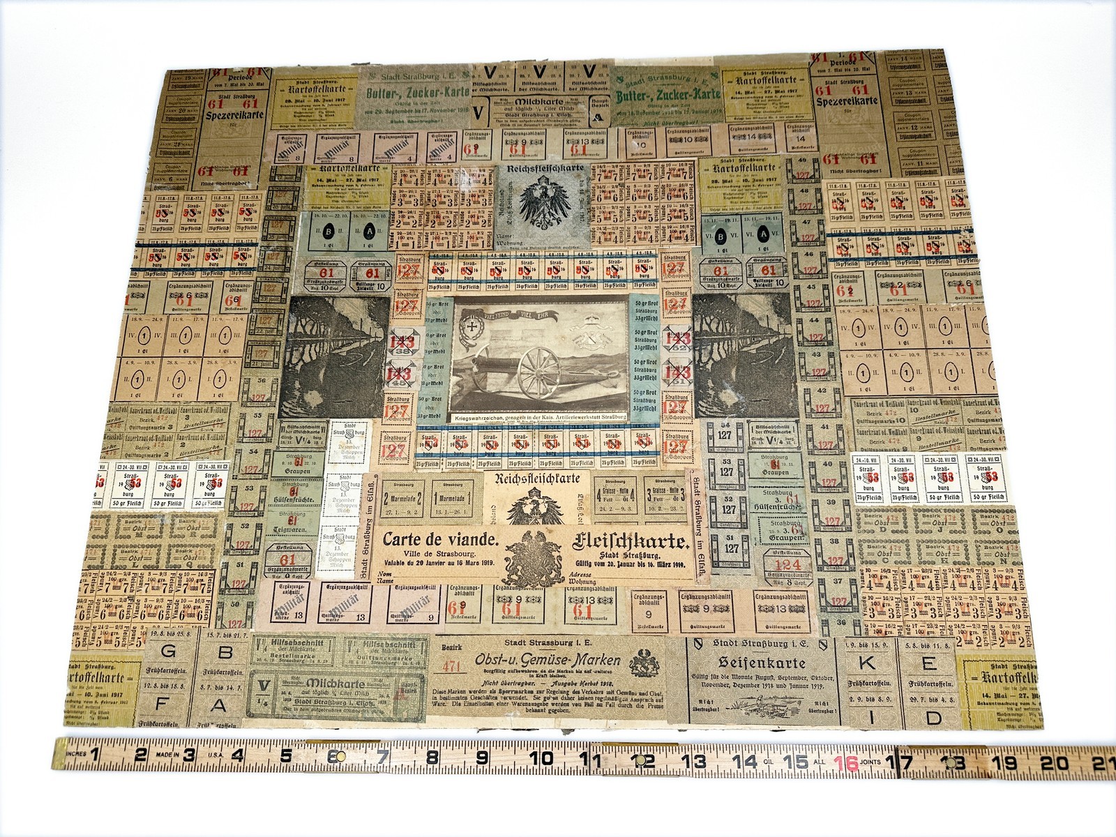 WWI Framed Ration Coupon Collage Folk Art Strasbourg Alsace Germany Trench 1917