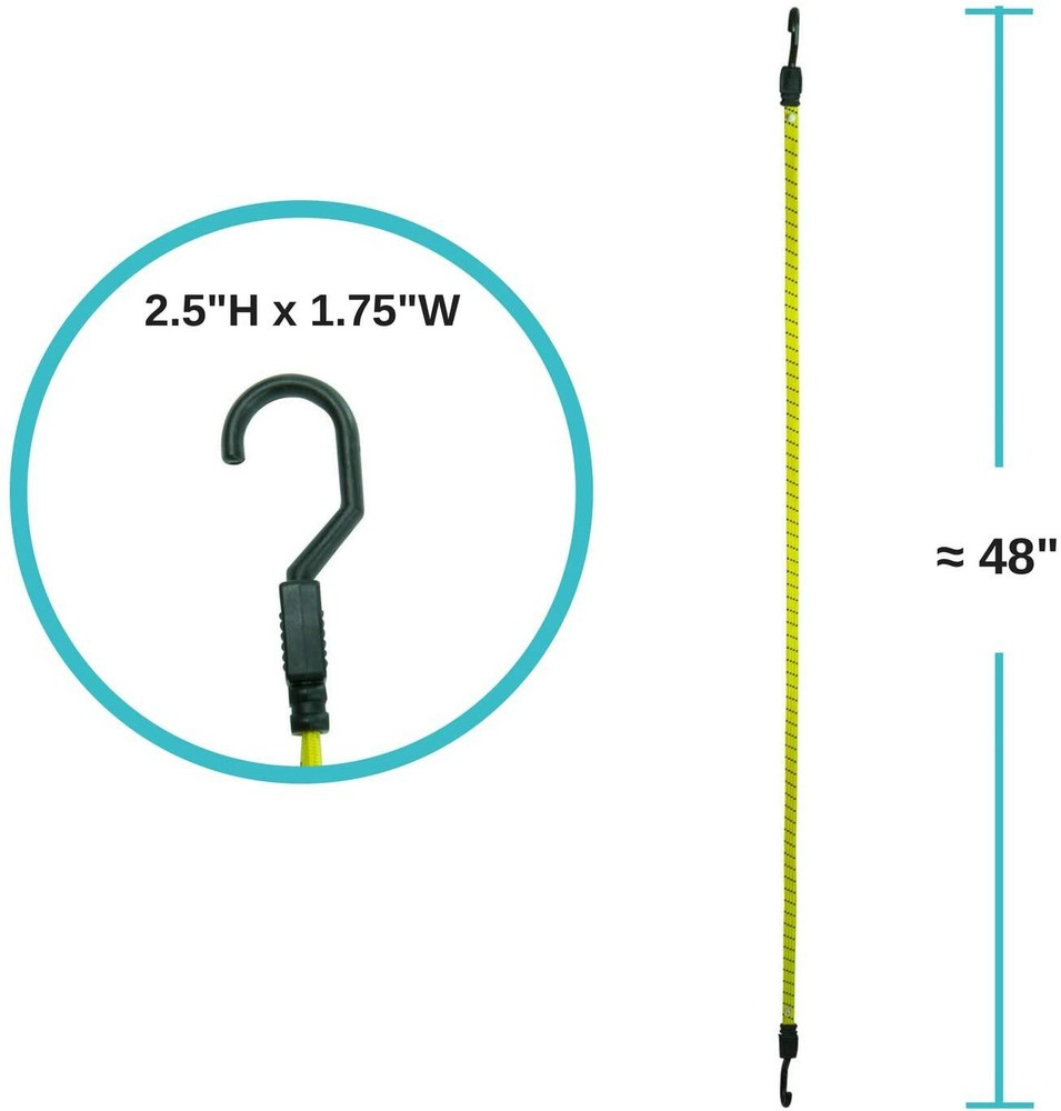 Houseables Bungee Cords with Hooks, 4 Pack, 48" Long, Yellow, Flat, Adjustable
