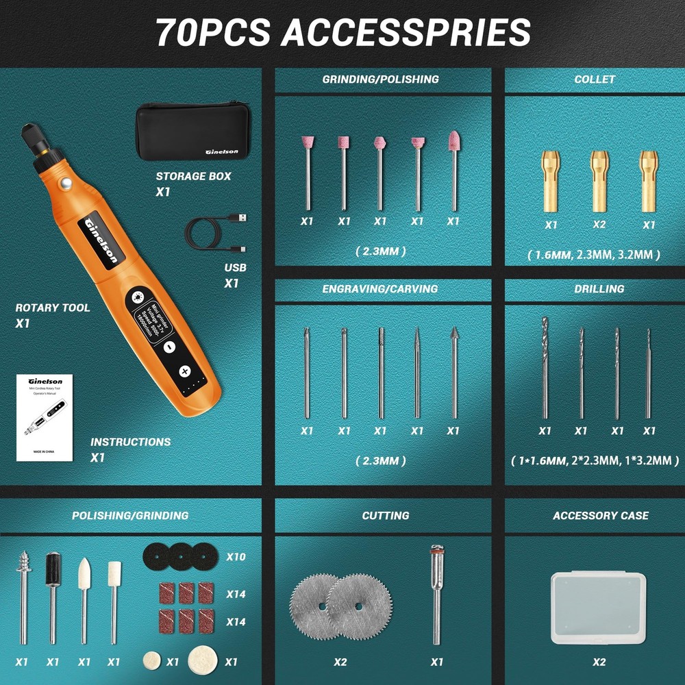 GINELSON Cordless Rotary Tool, 5 Variable Speed Mini Tool Kit Orange