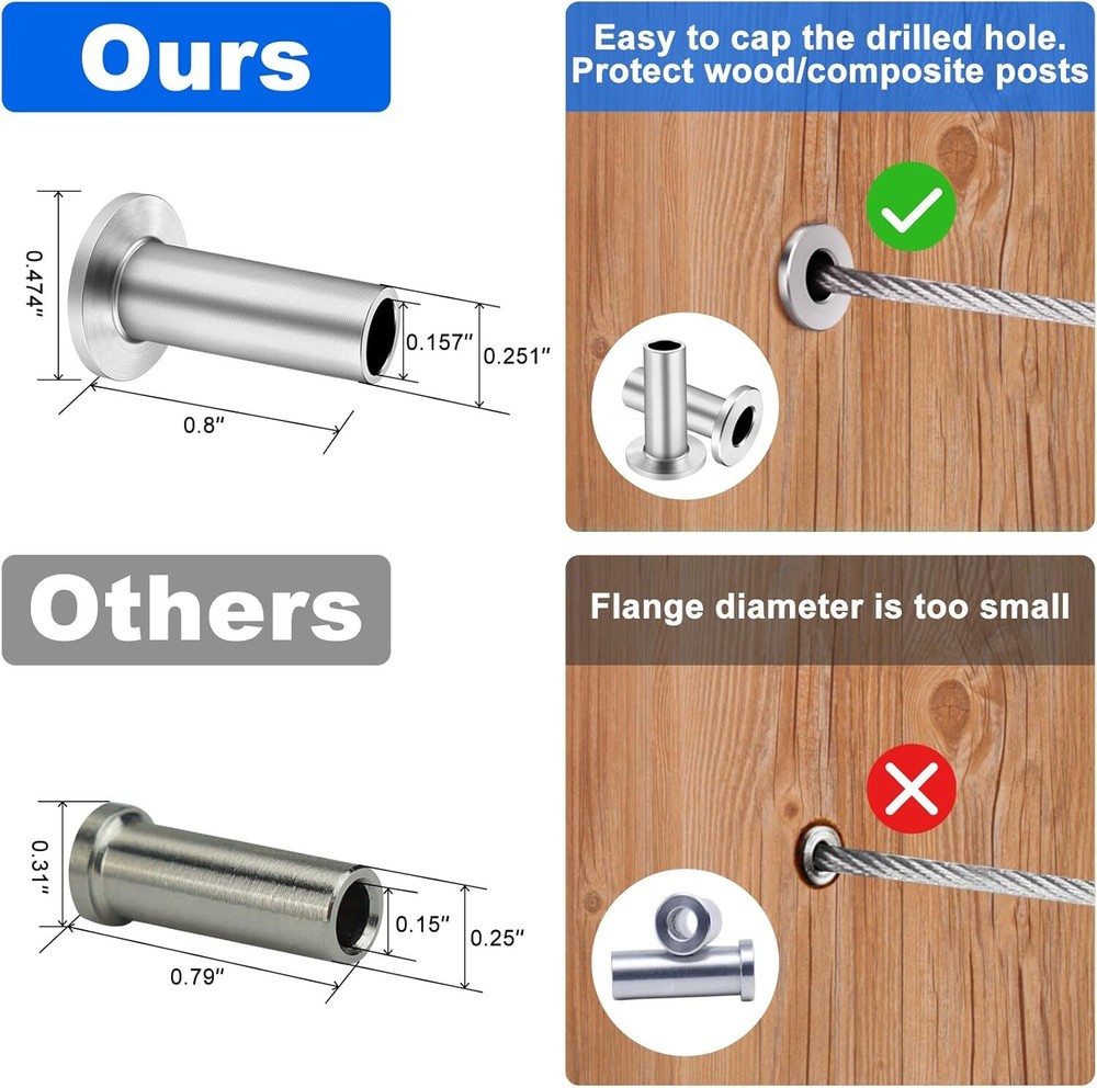120 Pack T316 Protector Sleeves Fit 1/8" Deck Cable Railing Wood/Composite Posts