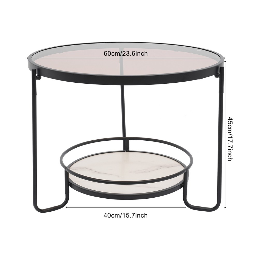 2-tier Modern Side Table Tempered Glass Side Table Round Coffee Table 60cm dia.