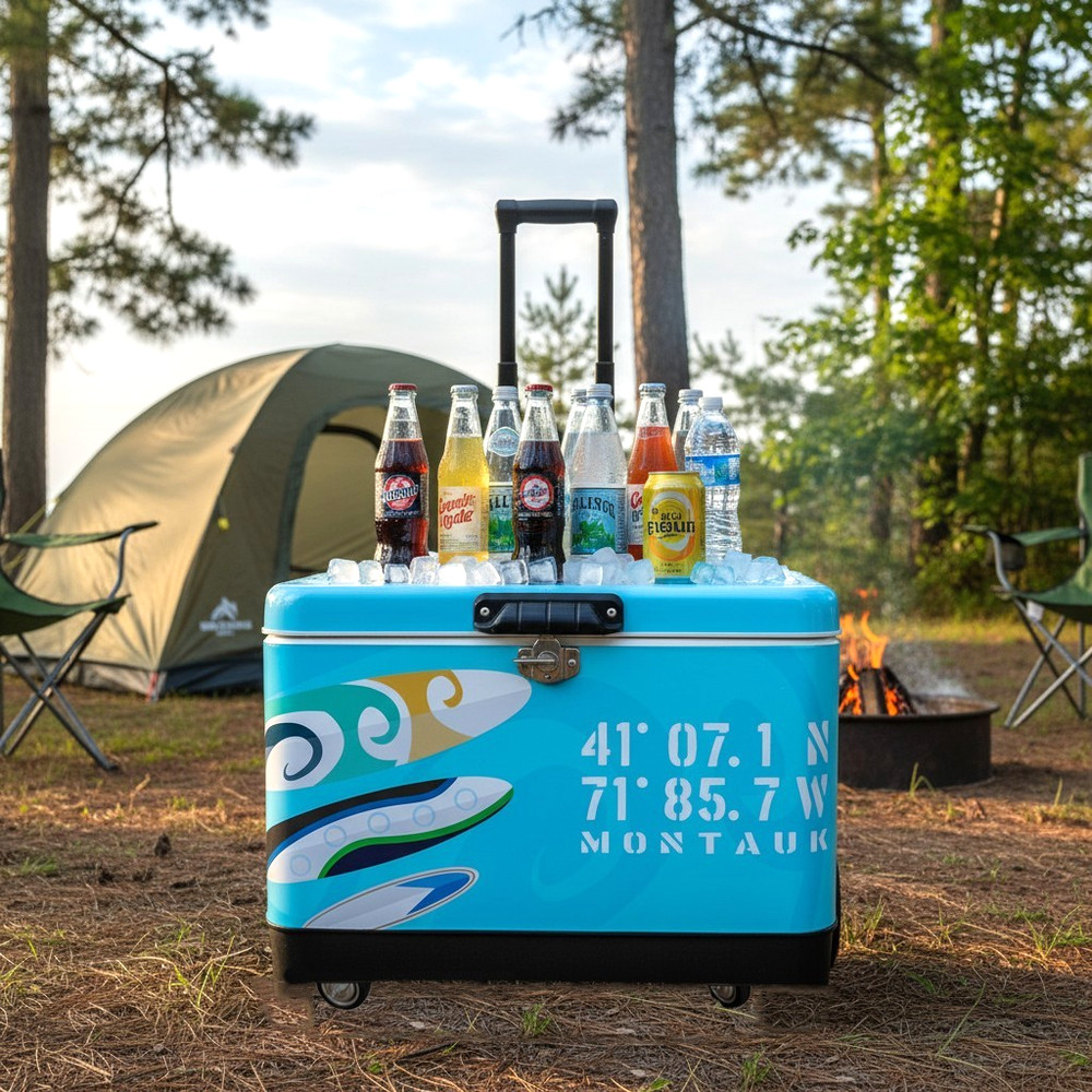 Blue 54Qt Portable Cooler with Telescoping Handle & All-Terrain Roller Wheels